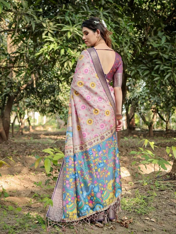 Pastel_Beige_Tussar_Silk_Saree_with_Vibrant_Floral_Motifs_and_Zari_Border