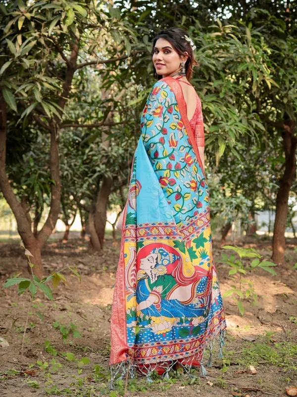 Aqua_Blue_Tussar_Silk_Saree_with_Vibrant_Nature-Inspired_Prints_and_Red_Zari_Border