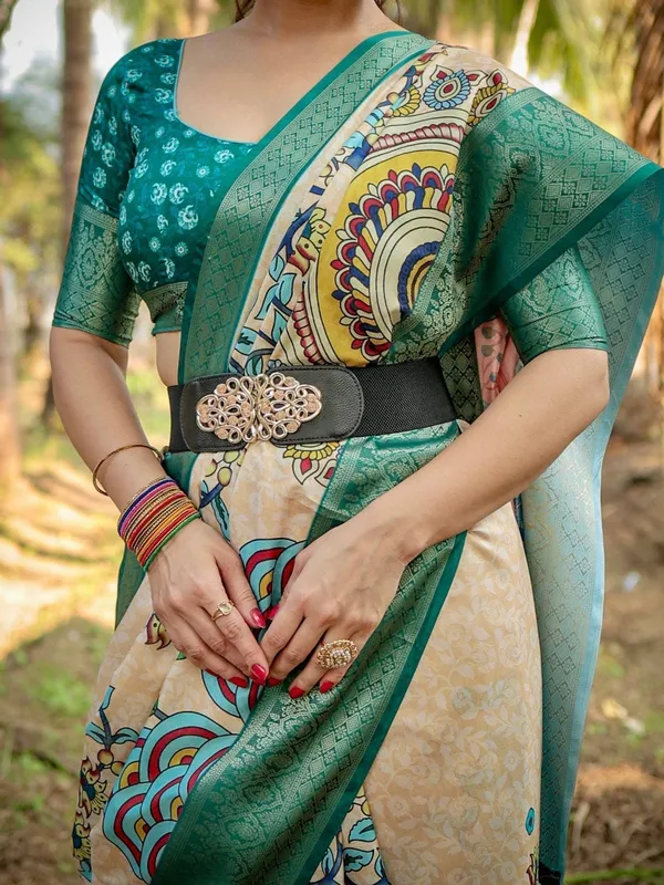Beige_&_Coral_Elegant_Tussar_Silk_Saree_in_Beige_and_Coral_with_Madhubani_Pallu_and_Zari_Accents