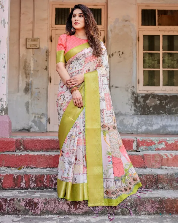 Pastel_Tussar_Silk_Saree_with_Lime_Green_Zari_Border_and_Hand-Painted_Heritage_Designs