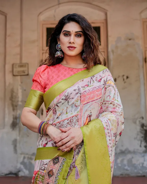 Pastel_Tussar_Silk_Saree_with_Lime_Green_Zari_Border_and_Hand-Painted_Heritage_Designs