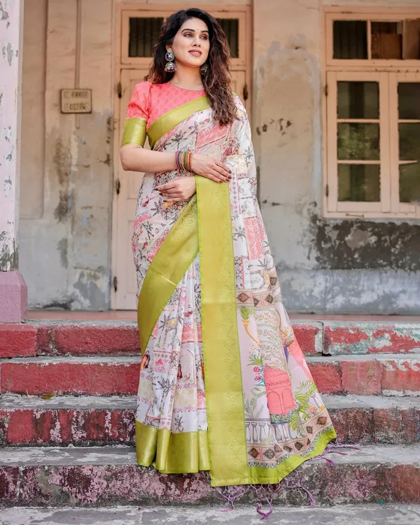 Pastel_Tussar_Silk_Saree_with_Lime_Green_Zari_Border_and_Hand-Painted_Heritage_Designs