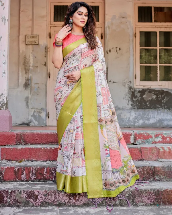Pastel_Tussar_Silk_Saree_with_Lime_Green_Zari_Border_and_Hand-Painted_Heritage_Designs