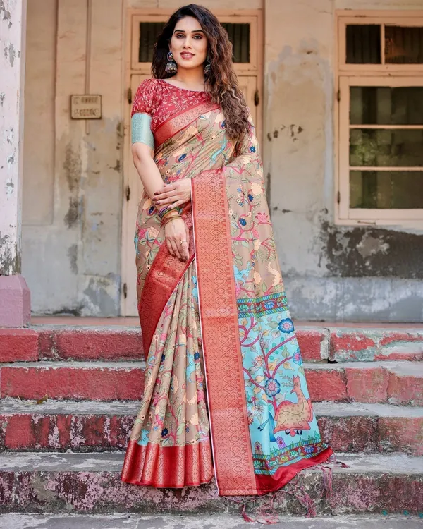 Beige_Tussar_Silk_Saree_with_Vibrant_Multicolor_Floral_Prints_and_Red_Zari_Border