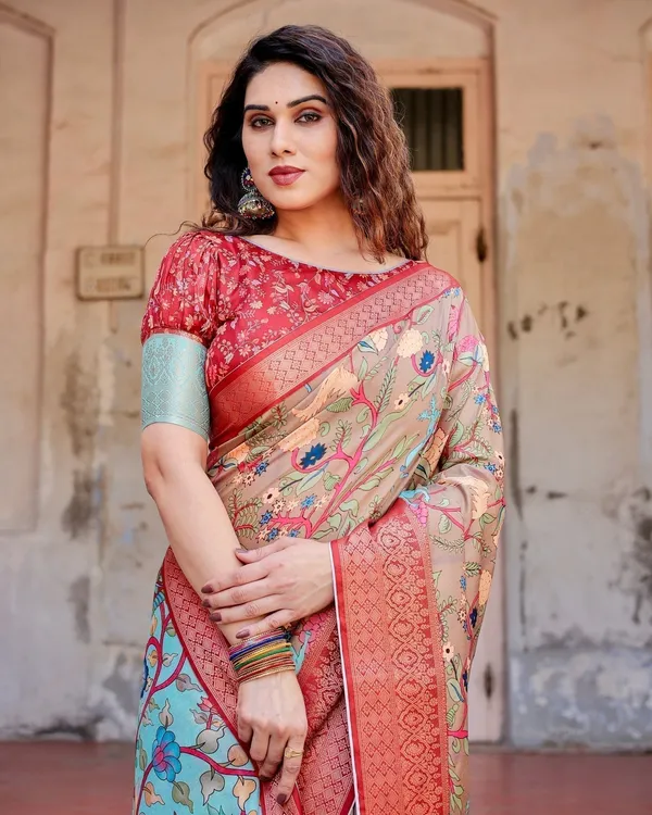Beige_Tussar_Silk_Saree_with_Vibrant_Multicolor_Floral_Prints_and_Red_Zari_Border