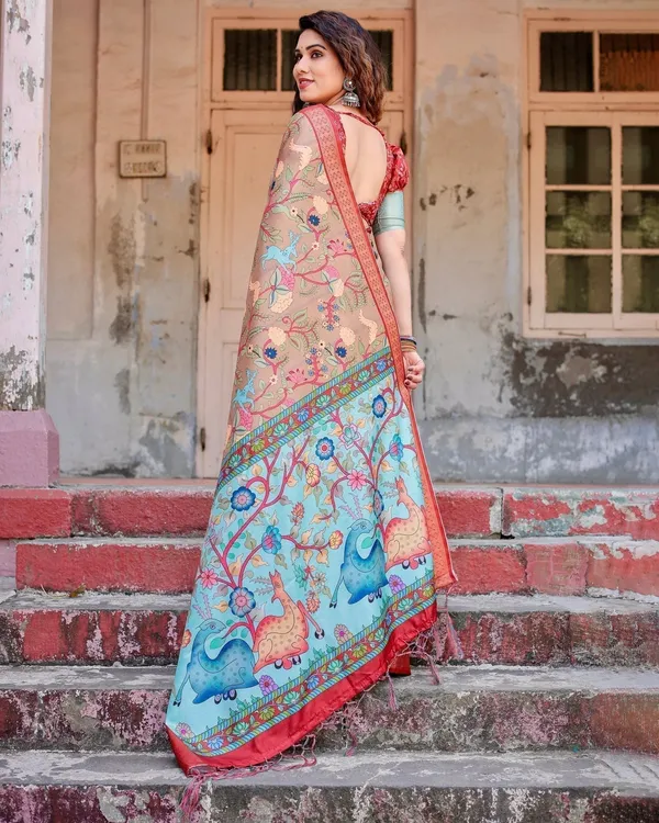 Beige_Tussar_Silk_Saree_with_Vibrant_Multicolor_Floral_Prints_and_Red_Zari_Border