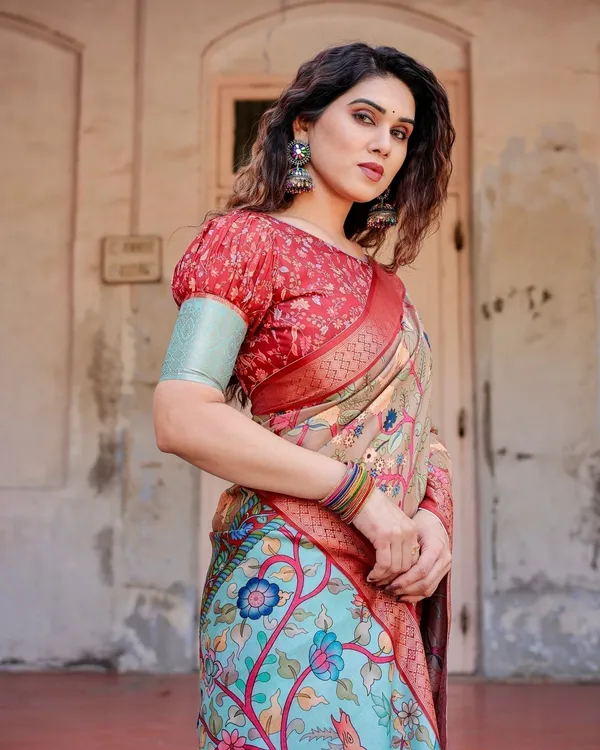 Beige_Tussar_Silk_Saree_with_Vibrant_Multicolor_Floral_Prints_and_Red_Zari_Border