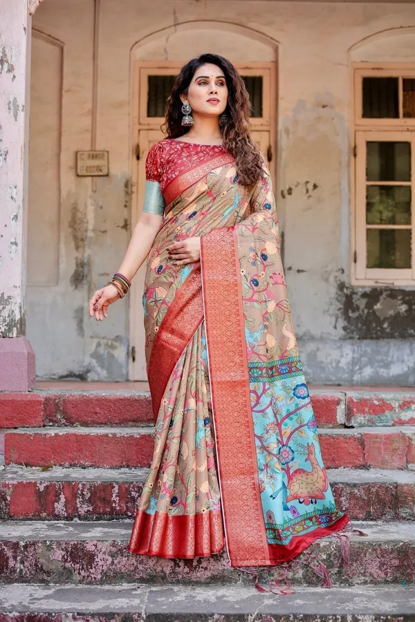 Beige_Tussar_Silk_Saree_with_Vibrant_Multicolor_Floral_Prints_and_Red_Zari_Border