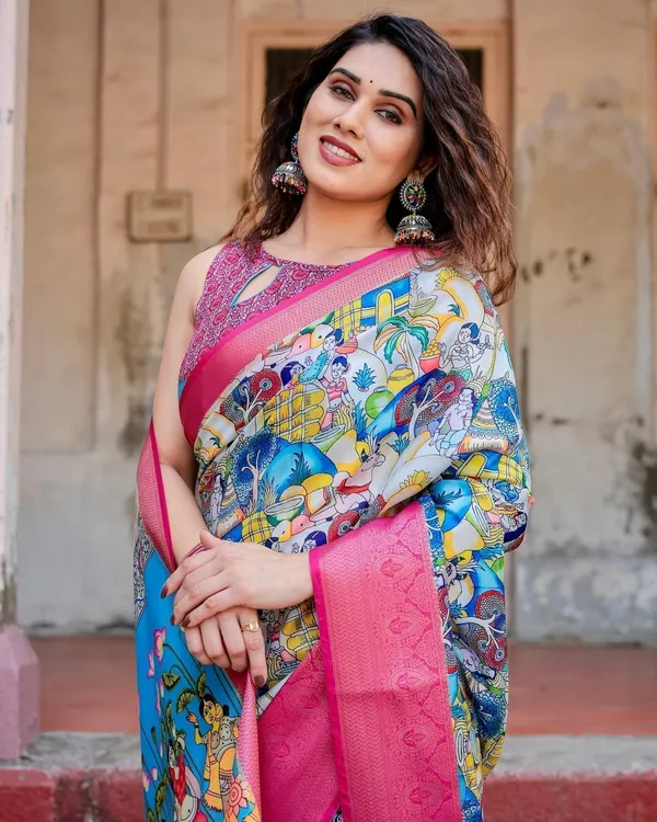 Vibrant_Multicolor_Digital_Printed_Tussar_Silk_Saree_with_Pink_Zari_Border