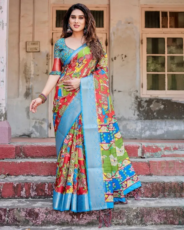 Multicolor_Folk_Art_Inspired_Digital_Print_Tussar_Silk_Saree_with_Sky_Blue_Zari_Border