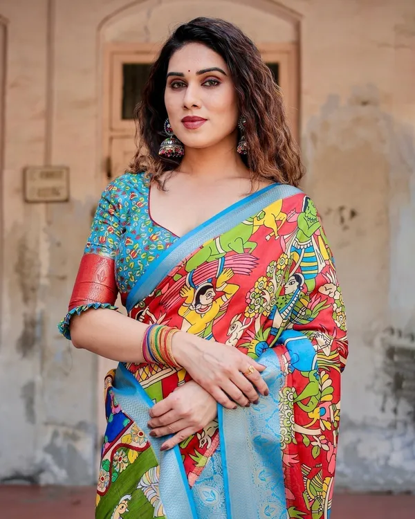 Multicolor_Folk_Art_Inspired_Digital_Print_Tussar_Silk_Saree_with_Sky_Blue_Zari_Border