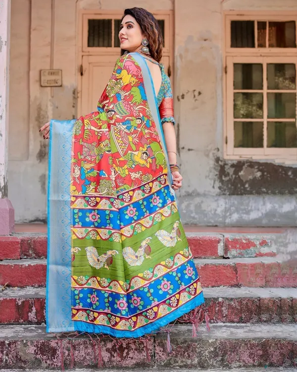 Multicolor_Folk_Art_Inspired_Digital_Print_Tussar_Silk_Saree_with_Sky_Blue_Zari_Border