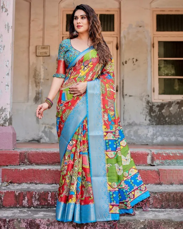 Multicolor_Folk_Art_Inspired_Digital_Print_Tussar_Silk_Saree_with_Sky_Blue_Zari_Border