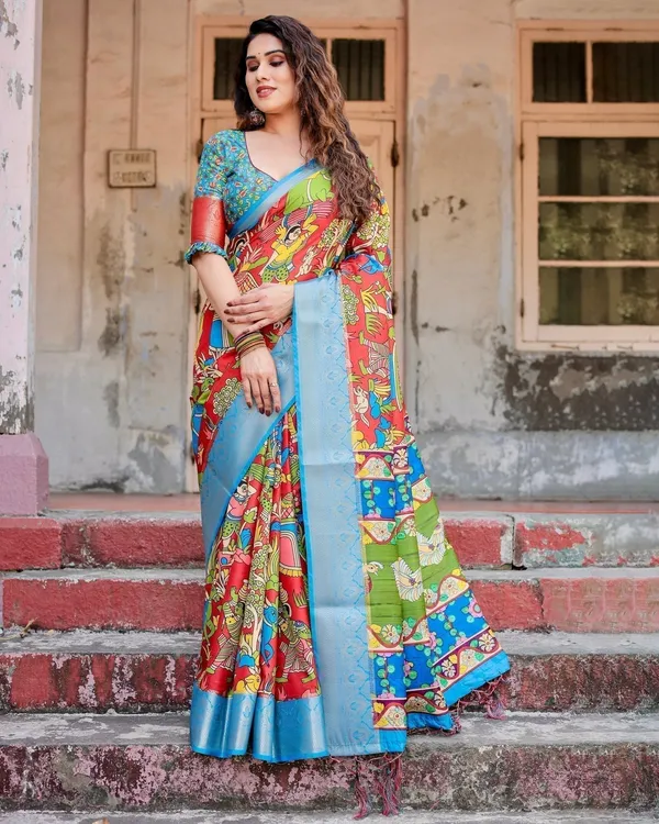 Multicolor_Folk_Art_Inspired_Digital_Print_Tussar_Silk_Saree_with_Sky_Blue_Zari_Border