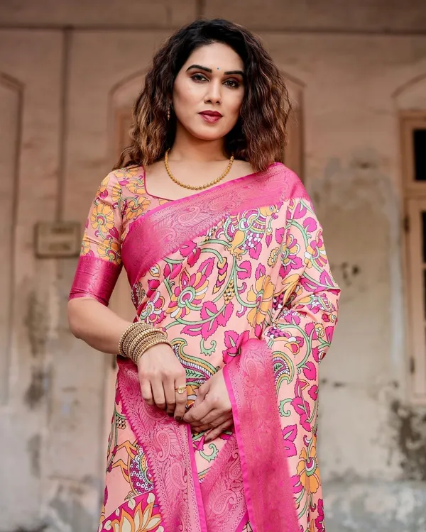 Peach_and_Fuchsia_Floral_Digital_Print_Tussar_Silk_Saree_with_Zari_Border_and_Paisley_Pallu