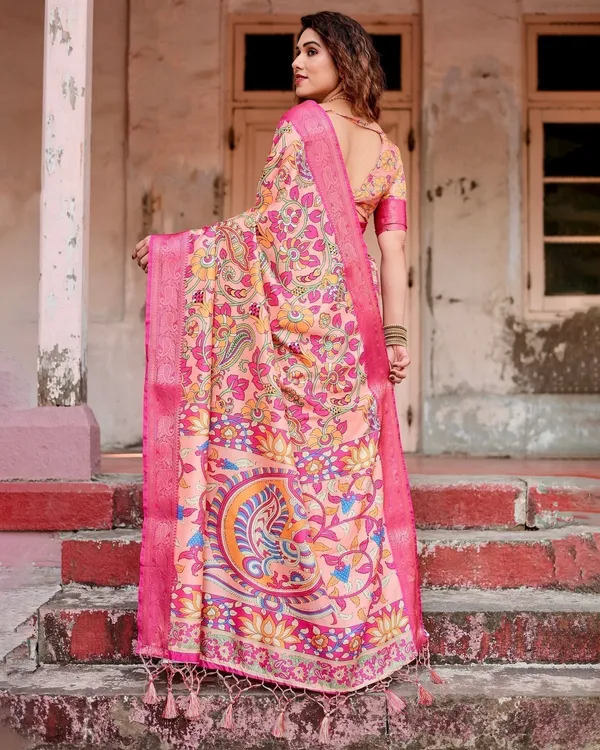 Peach_and_Fuchsia_Floral_Digital_Print_Tussar_Silk_Saree_with_Zari_Border_and_Paisley_Pallu
