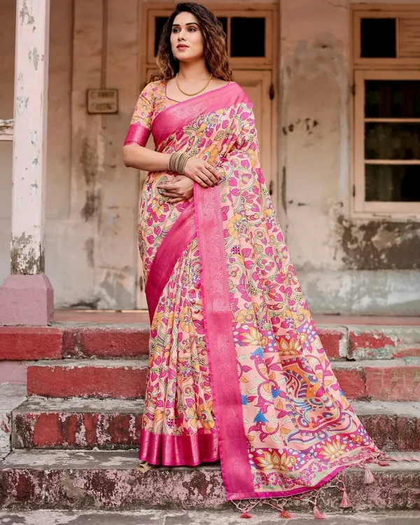 Peach_and_Fuchsia_Floral_Digital_Print_Tussar_Silk_Saree_with_Zari_Border_and_Paisley_Pallu