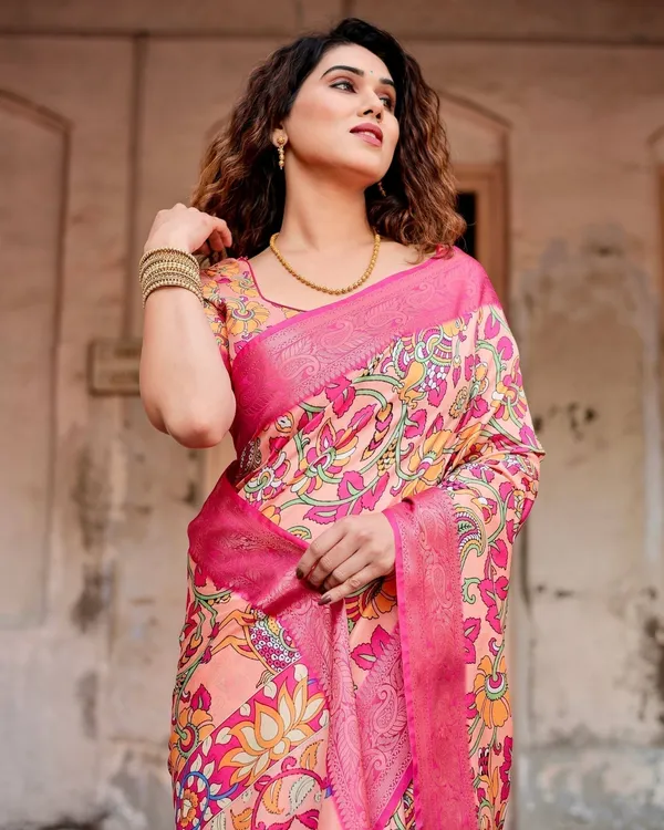 Peach_and_Fuchsia_Floral_Digital_Print_Tussar_Silk_Saree_with_Zari_Border_and_Paisley_Pallu