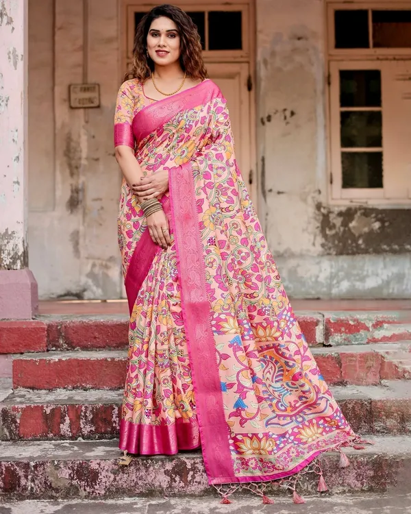 Peach_and_Fuchsia_Floral_Digital_Print_Tussar_Silk_Saree_with_Zari_Border_and_Paisley_Pallu