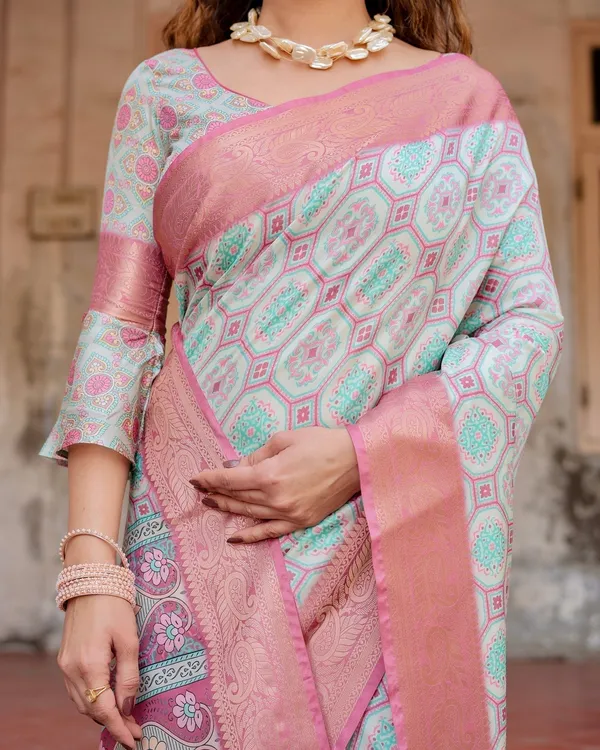 Pastel_Pink_and_Mint_Green_Geometric_Tussar_Silk_Saree_with_Zari_Paisley_Border
