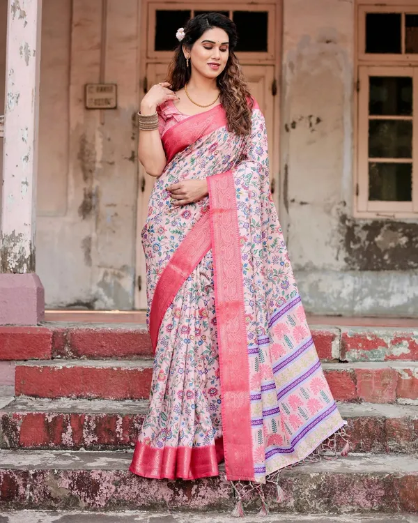 Blush_Pink_Tussar_Silk_Saree_with_Multicolor_Floral_Design_and_Zari_Paisley_Border
