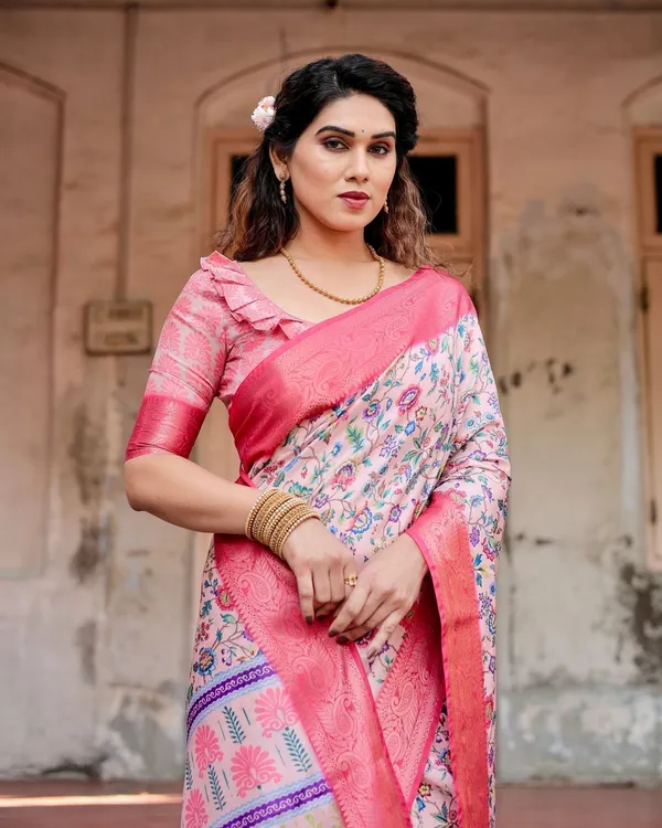 Blush_Pink_Tussar_Silk_Saree_with_Multicolor_Floral_Design_and_Zari_Paisley_Border