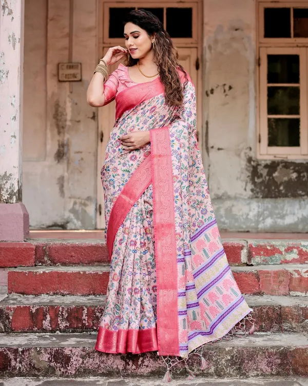 Blush_Pink_Tussar_Silk_Saree_with_Multicolor_Floral_Design_and_Zari_Paisley_Border