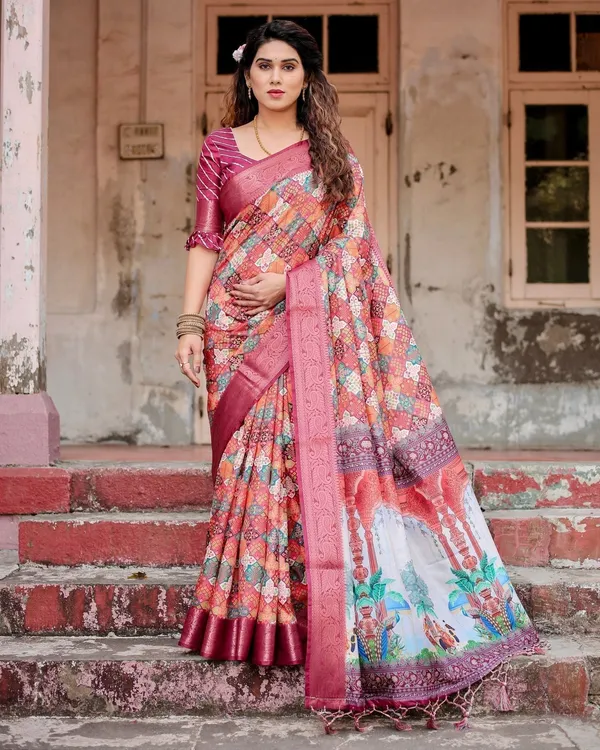 Maroon_Tussar_Silk_Saree_with_Vibrant_Geometric_Tile_Print_and_Zari_Paisley_Border