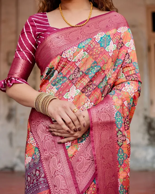 Maroon_Tussar_Silk_Saree_with_Vibrant_Geometric_Tile_Print_and_Zari_Paisley_Border