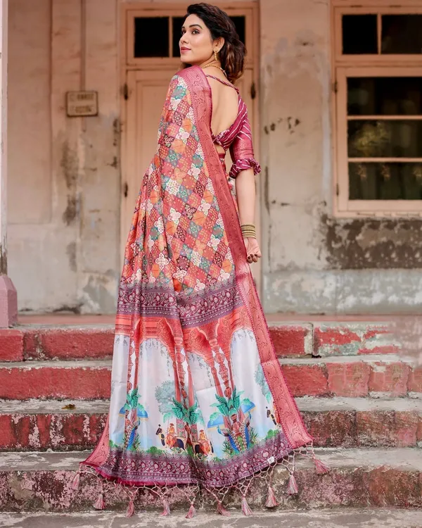 Maroon_Tussar_Silk_Saree_with_Vibrant_Geometric_Tile_Print_and_Zari_Paisley_Border