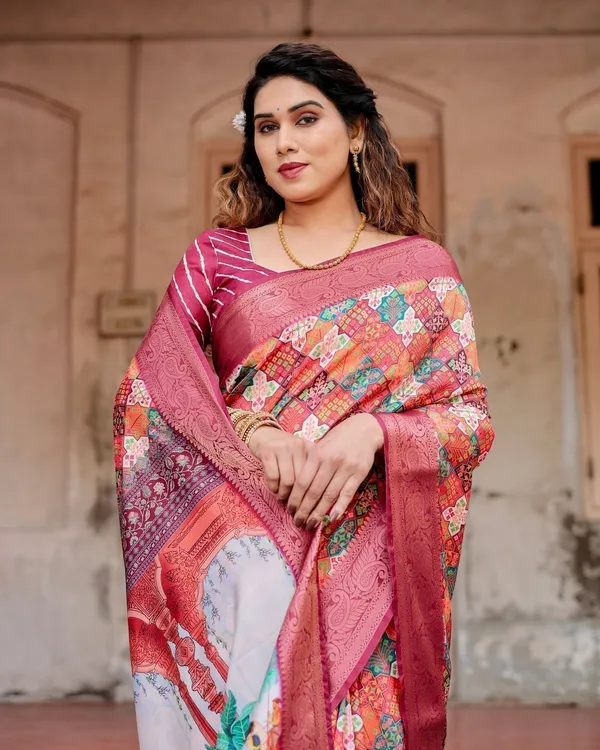 Maroon_Tussar_Silk_Saree_with_Vibrant_Geometric_Tile_Print_and_Zari_Paisley_Border