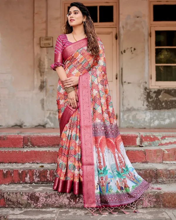 Maroon_Tussar_Silk_Saree_with_Vibrant_Geometric_Tile_Print_and_Zari_Paisley_Border