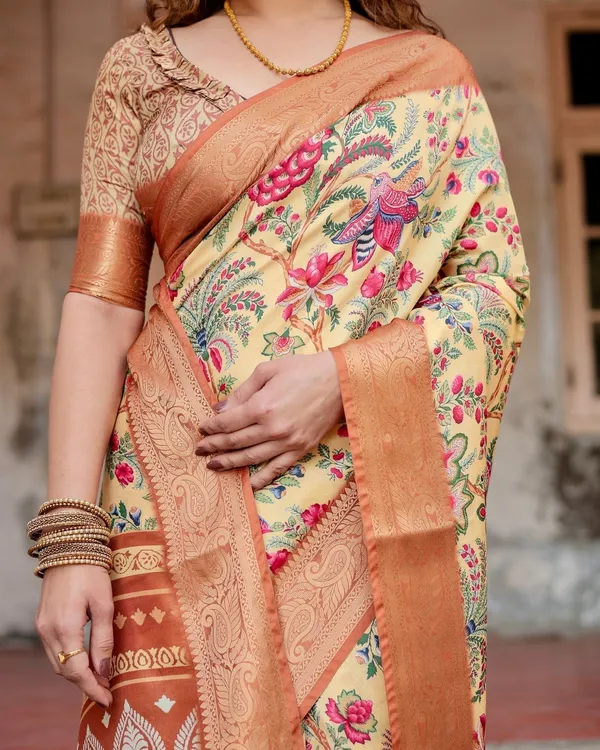 Golden_Beige_Tussar_Silk_Saree_with_Floral_Paradise_Print_and_Ornate_Zari_Border