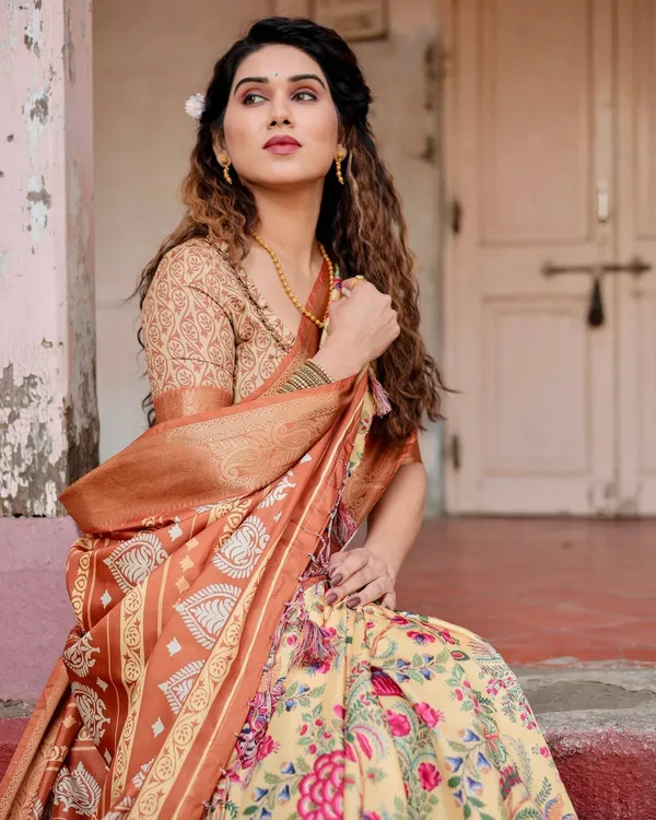 Golden_Beige_Tussar_Silk_Saree_with_Floral_Paradise_Print_and_Ornate_Zari_Border