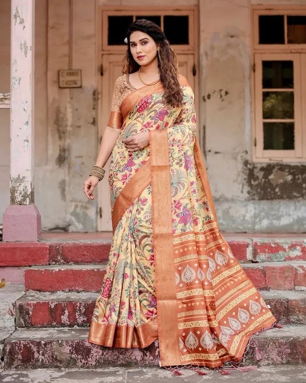 Golden_Beige_Tussar_Silk_Saree_with_Floral_Paradise_Print_and_Ornate_Zari_Border