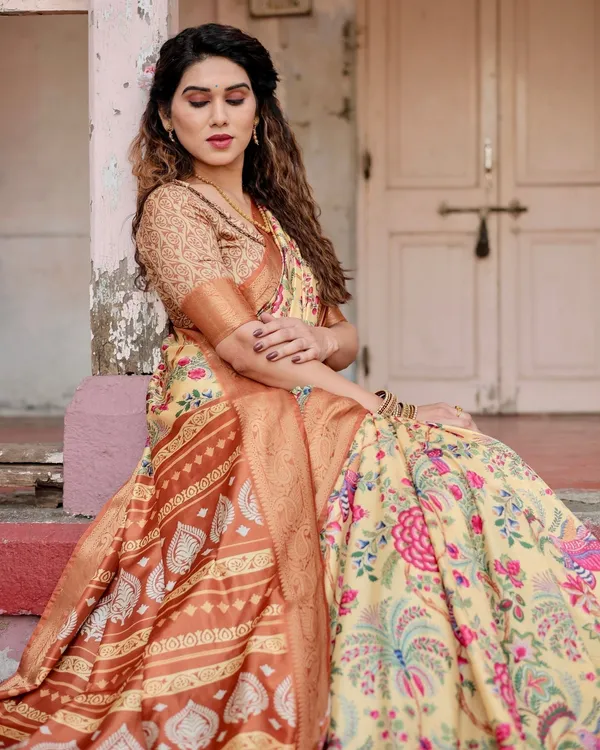 Golden_Beige_Tussar_Silk_Saree_with_Floral_Paradise_Print_and_Ornate_Zari_Border