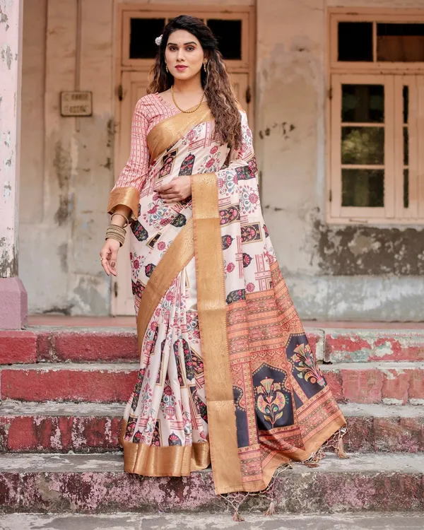 Ivory_Tussar_Silk_Saree_with_Artistic_Floral_Motifs_and_Gleaming_Golden_Zari_Border
