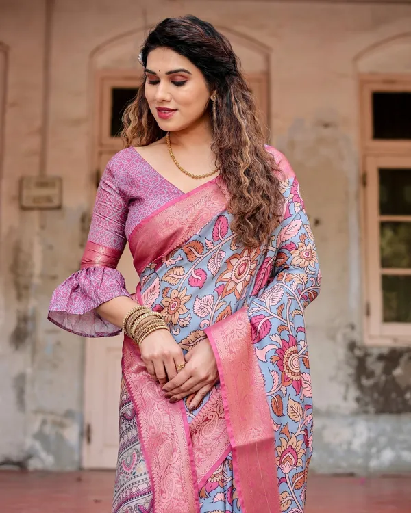 Graceful_Grey_Tussar_Silk_Saree_with_Pink_Zari_Border_and_Intricate_Floral_Motifs