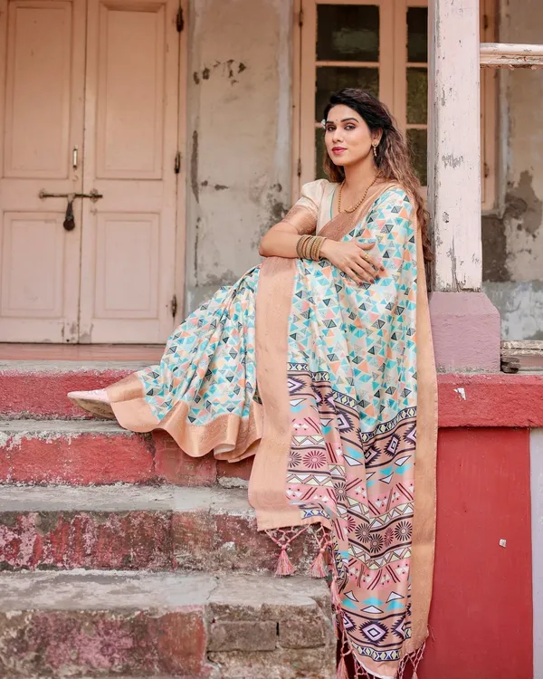 Contemporary_Beige_Tussar_Silk_Saree_with_Geometric_Triangle_Print_and_Golden_Zari_Border