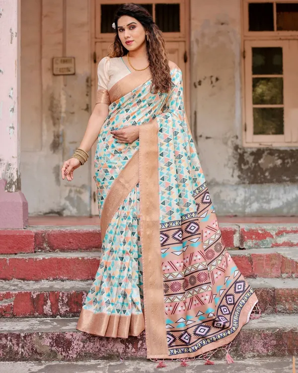 Contemporary_Beige_Tussar_Silk_Saree_with_Geometric_Triangle_Print_and_Golden_Zari_Border
