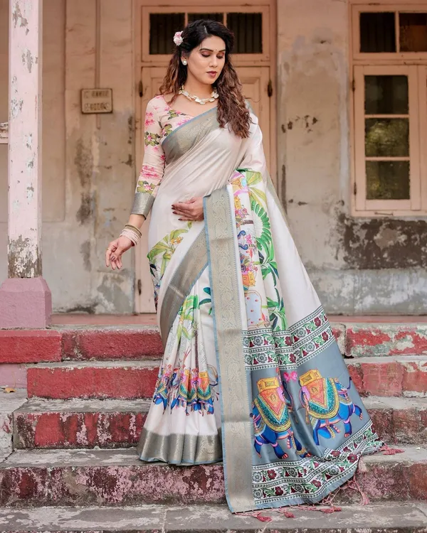 Ivory_Tussar_Silk_Saree_with_Handcrafted_Elephant_Motif_Pallu_and_Golden_Zari_Border