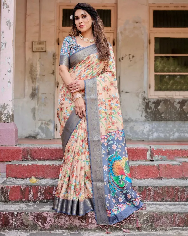 Peach_and_Navy_Blue_Floral_Saree_with_Vibrant_Peacock_Pallu_and_Tassel_Detailing