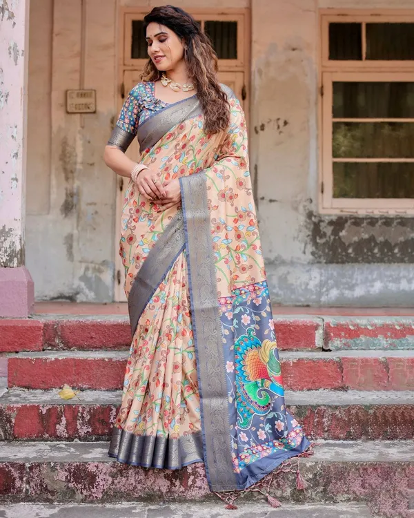 Peach_and_Navy_Blue_Floral_Saree_with_Vibrant_Peacock_Pallu_and_Tassel_Detailing