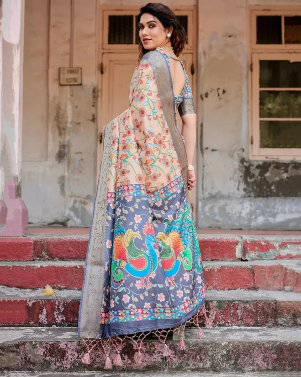 Peach_and_Navy_Blue_Floral_Saree_with_Vibrant_Peacock_Pallu_and_Tassel_Detailing