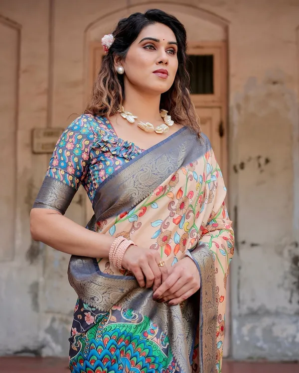 Peach_and_Navy_Blue_Floral_Saree_with_Vibrant_Peacock_Pallu_and_Tassel_Detailing