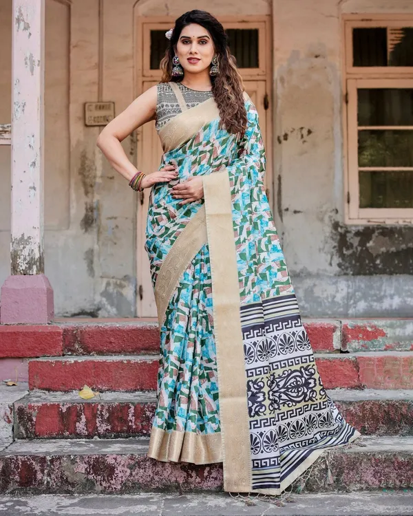 Contemporary_Abstract_Print_Saree_with_Gold_Border_and_Monochrome_Patterned_Pallu