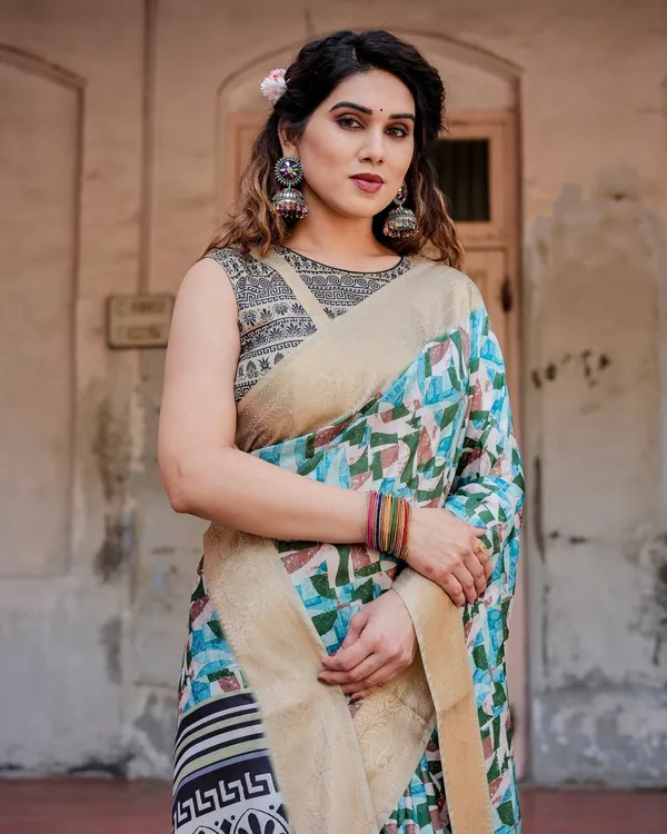 Contemporary_Abstract_Print_Saree_with_Gold_Border_and_Monochrome_Patterned_Pallu