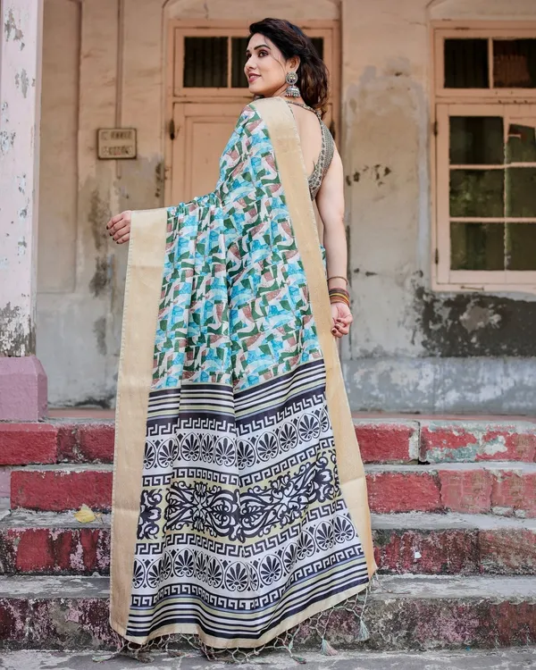 Contemporary_Abstract_Print_Saree_with_Gold_Border_and_Monochrome_Patterned_Pallu