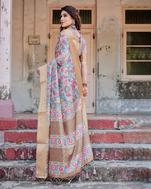 Exquisite_Gray_Floral_Digital_Print_Saree_with_Golden_Border_and_Ornamental_Pallu
