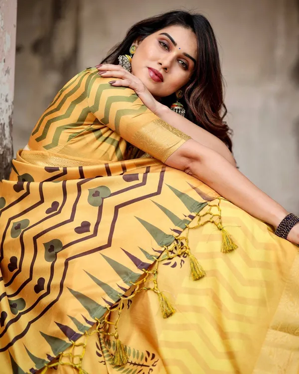 Golden_Yellow_Digital_Printed_Saree_with_Abstract_Patterns_and_Tassel_Detailing